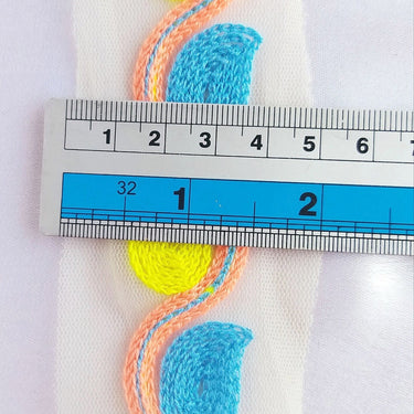 Beige Net With Yellow, Blue And Orange Embroidery, Leaves Pattern Trim